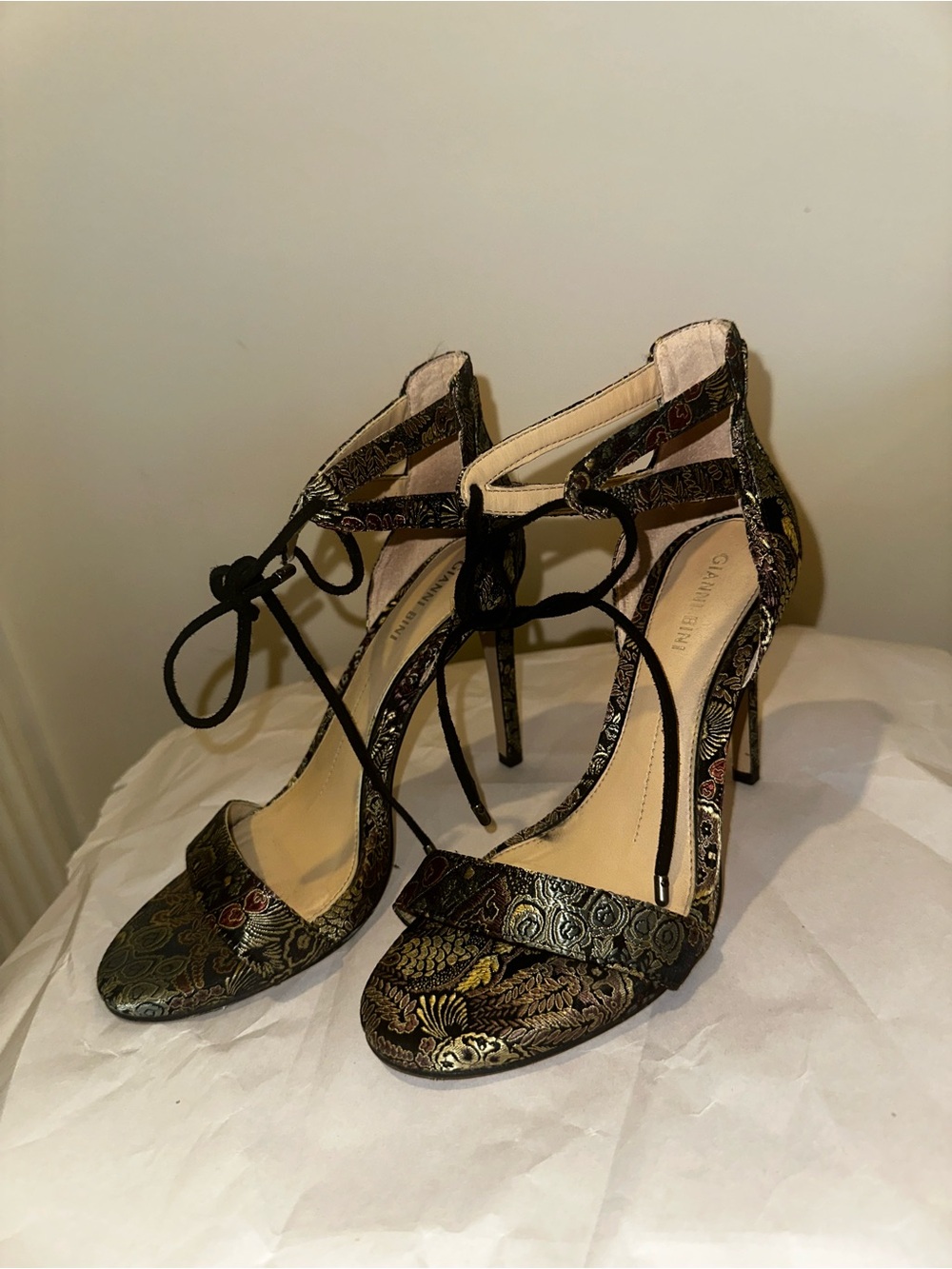 Gianni Bini Black Brocade Lace-Up Stiletto Heels